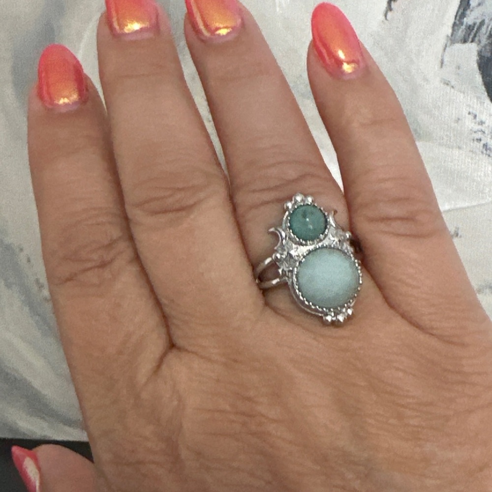 Amazonite with Turquoise star moon ring with Adjustable band.